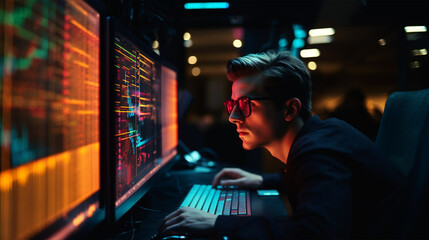 A young male financial analyst in glasses works with tradings data viewing the monitors in the office