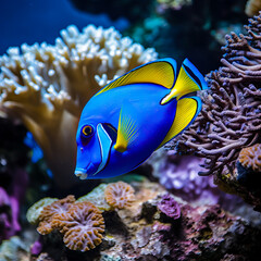 Naklejka na ściany i meble Beautiful Blue Coral fish on a stunning Coral Reef. Could be a tang or surgeon fish in this underwater image. 
