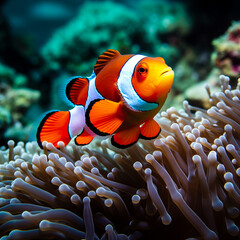Naklejka na ściany i meble Cute Clownfish also called Nemo, swimming on a coral reef near an anemone where it lives. Shallow field of view.