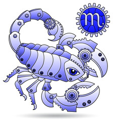 Illustration in the style of a stained glass window with a zodiac signs scorpio, figure isolated on a white background, tone blue