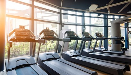 a photo of a interior of a modern fitness center gym club with a workout room with treadmills on a sunny day in the morning