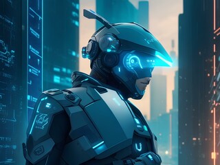 Blue robot on the background of the city, cyber Security  Agent