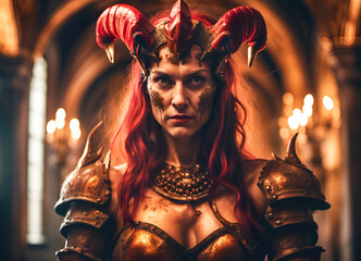 Hellcat, Devil woman, female portrait AI generated, Halloween card - 635052277