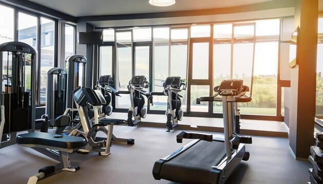 a photo of a interior of a modern fitness center gym club with a workout room with treadmills on a sunny day in the morning