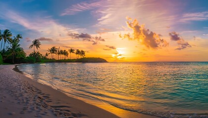 Beautiful panoramic sunset tropical paradise beach. Tranquil summer vacation or holiday landscape. Tropical sunset beach seaside palm calm sea panorama exotic nature view inspirational seascape scenic