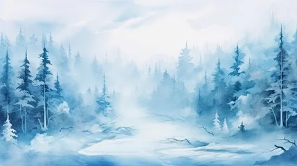 Rolgordijnen watercolour blue white landscape of foggy forest © Ирина Рычко