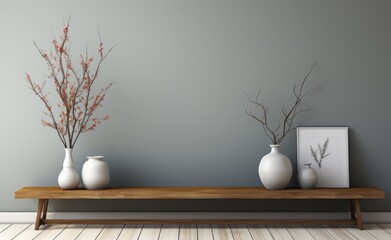 Inside the room in a minimalist style, there is a long wooden table placed against the wall. White and black vase with flowers embroidered on the vase On the wall there is a white white board attached