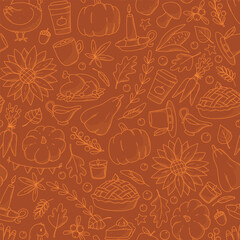 Thanksgiving seamless pattern with monochrome doodles on brown background for wallpaper, wrapping paper, textile prints, kitchen towels, scrapbooking, packaging, etc. EPS 10