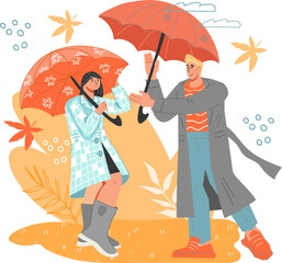 People walking on autumn day under umbrellas. Autumn season banner or poster backdrop with couple in rain.