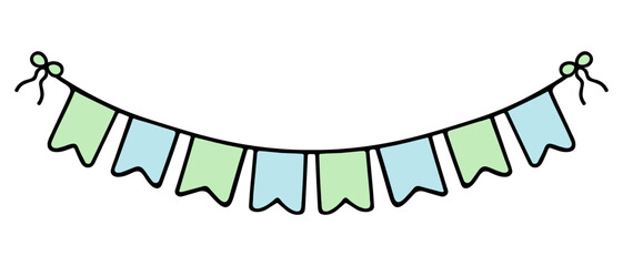 Garland. Stretching for text in 8 letters. Festive garland of blue and green flags. Fastened with bows. Place for text. Color vector illustration. Cartoon style. Isolated background. 