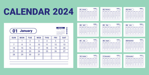 Blue minimal table Calendar 2024 design vector template