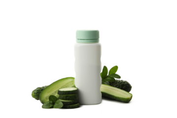PNG, Bottle of body lotion and sliced cucumber on white background