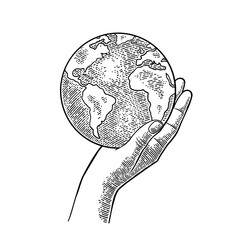 Hand holding planet earth. Engraving vintage vector black illustration