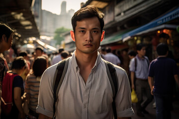 Fototapeta premium Curious Tourist Exploring Vibrant Streets of Bangkok. Generative Ai