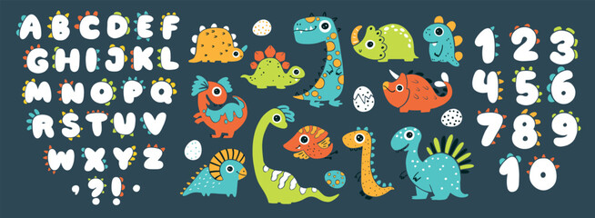 Dino collection with alphabet and numbers. Funny comic font in simple hand-drawn cartoon style. Various dinosaur characters. Colorful isolated doodles on a white background.