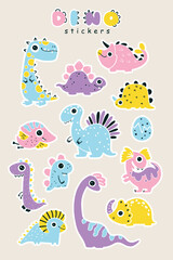 Set of Dino baby stickers. A collection of girly cute colorful dinosaurs in a simple childish drawn style. Isolated vector symbols with clipping path. Limited palette in pink colors.