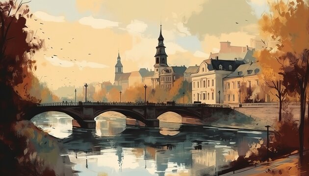 Painting of old town, bridge over the river. Printable illustration 