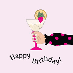 Birthday Card with Female Hand Holding a Birthday Cocktail and Happy Birthday Text, Premium Vector