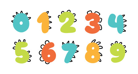 Obraz premium Dino numbers. Funny comic in the style of a simple hand-drawn cartoon with the manes of dinosaurs, dragons or monsters. Colored isolated doodles on a white background.