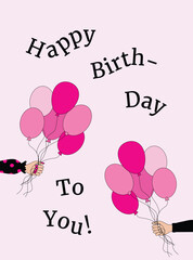 Happy Birthday Card with Hands Holding Pink Balloons Premium Vector
