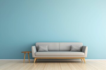 canapé gris dans une pièce vide avec un mur bleu, arrière plan décoratif, illustration ia générative