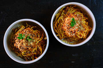 Spaghetti and minced pork and minced beef 