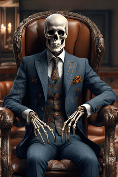 human skeleton in a business suit sits in a chair