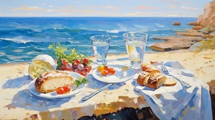 breakfast on beach at sea impressionism painting art - obrazy, fototapety, plakaty