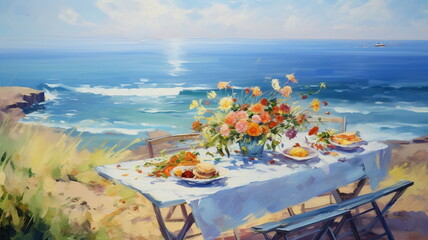 breakfast on beach at sea impressionism painting art - 635057612