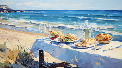 breakfast on beach at sea impressionism painting art