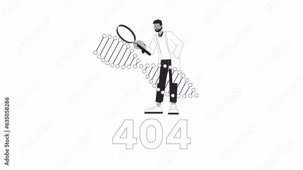 Poster scientist studying dna strand rotating black and white error 404 animation. error message gif, motio