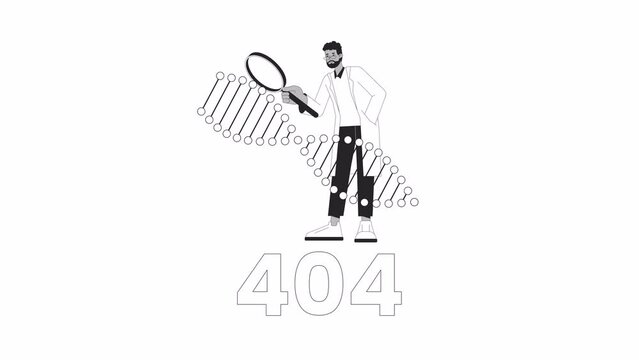 Scientist studying dna strand rotating black and white error 404 animation. Error message gif, motion graphic. Researcher with magnifying glass animated character linear 4K video isolated on white