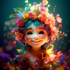 Smiling flower fairy with beautiful flower crown in abstract background