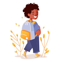 Cute colorful flat vector illustration with schoolboy going to school. Boy in half-turn turns his back to us, looks around and smiles. On his back carries backpack.