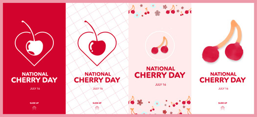 National Cherry Day Posters in 1080x1920 Social Media Story Template. Celebrated on July 16. Minimal concept. Cute watercolor cherry icon. Vector Illustration. Editable EPS 10.
