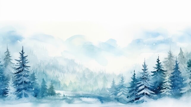 watercolour blue white landscape of foggy forest