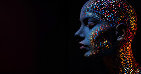 A side profile of a person’s head and neck covered in colorful dots. The dots create a mosaic-like effect on the person’s skin, with shades of blue, red, orange, and yellow. The background is black.