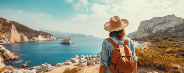 A person wearing a straw hat and a backpack standing on a cliff overlooking a blue sea and small islands. The cliff is white rocksa. The sky is blue with clouds. The mood is peaceful and serene.  - Powered by Adobe