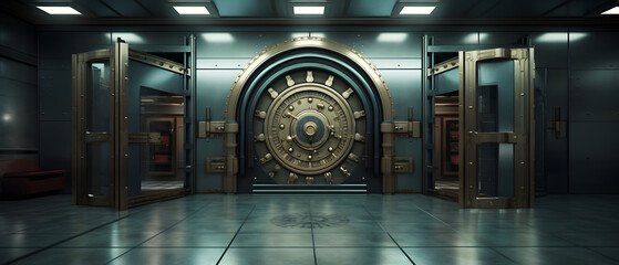 Impenetrable Bank Vault Door, grandeur of security is embodied in this image featuring an imposing bank vault door made of gold-toned metal, set within a secure room lined with safety deposit boxes - obrazy, fototapety, plakaty