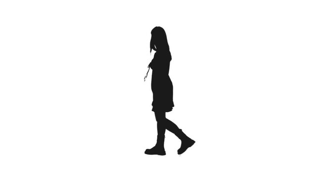 Black and white silhouette of young female in short dress and boots walking and watching at something, Back view, Full HD footage with alpha transparency channel isolated on white background