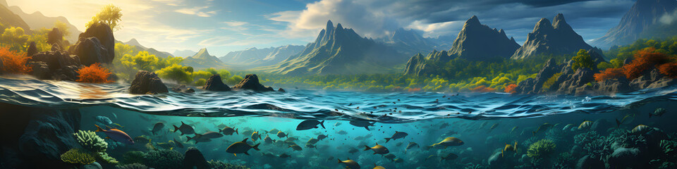 Panoramic split view of underwater life with marine animals in ocean or sea and tropical landscape with mountains and jungle, half underwater