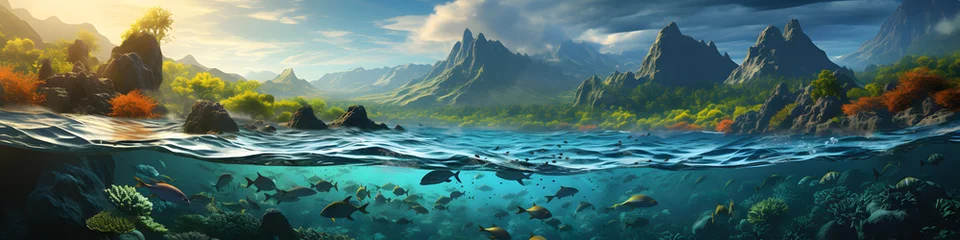 Poster Im Rahmen Panoramic split view of underwater life with marine animals in ocean or sea and tropical landscape with mountains and jungle, half underwater © Art Gallery