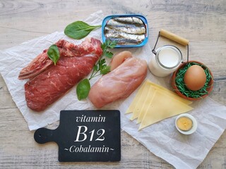 Healthy food rich in vitamin B12 (cobalamin). Natural food sources of vitamin B12: animal products...
