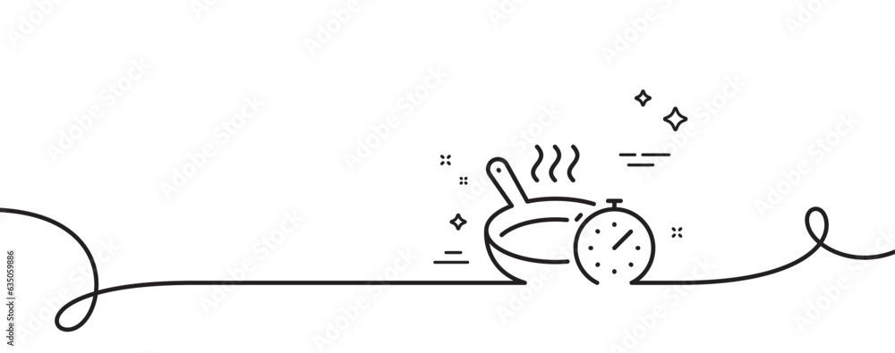 Poster frying pan line icon. continuous one line with curl. cooking timer sign. food preparation symbol. fr