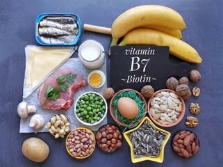 Healthy food rich in vitamin B7 (biotin). Natural food sources of vitamin B7: seeds,nuts, meat,...