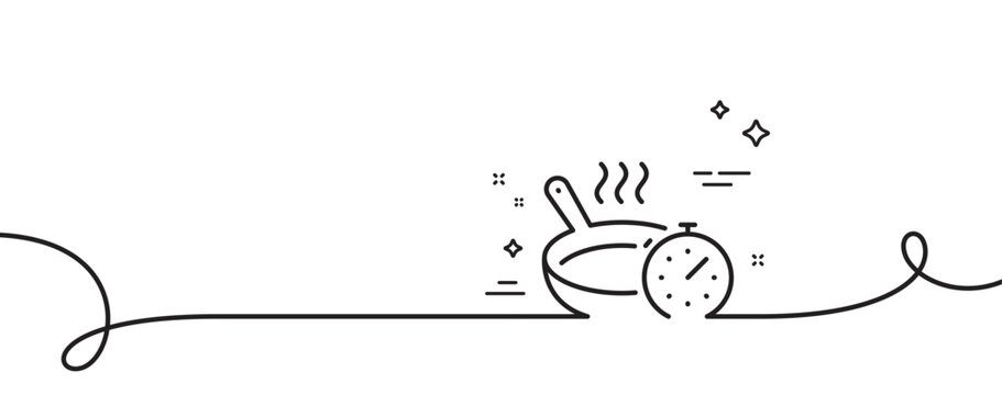 recommend clip art: Frying pan line icon. Continuous one line with curl. Cooking timer sign. Food preparation symbol. Frying pan single outline ribbon. Loop curve pattern. Vector