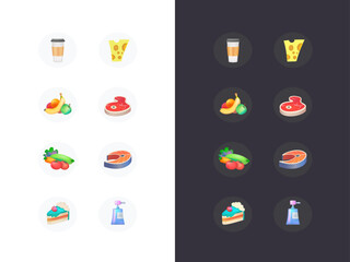 Fototapeta na wymiar A simple set of colored grocery cart icons for dark and light backgrounds. Contains icons such as dairy products, fruits, hot drinks, desserts and so on. Icons for your business