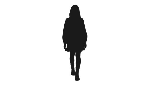 Black and white silhouette of young long haired woman walking in short dress and high-soled boots, Full HD footage with alpha transparency channel isolated on white background