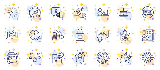Outline set of Stars, Fake news and Select alarm line icons for web app. Include Security network, Info, Property agency pictogram icons. Electricity plug, Rent car, Online education signs. Vector
