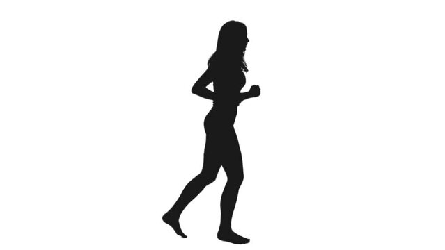 Black and white silhouette of young active long haired woman jogging barefoot, Side view, Full HD footage with alpha transparency channel isolated on white background